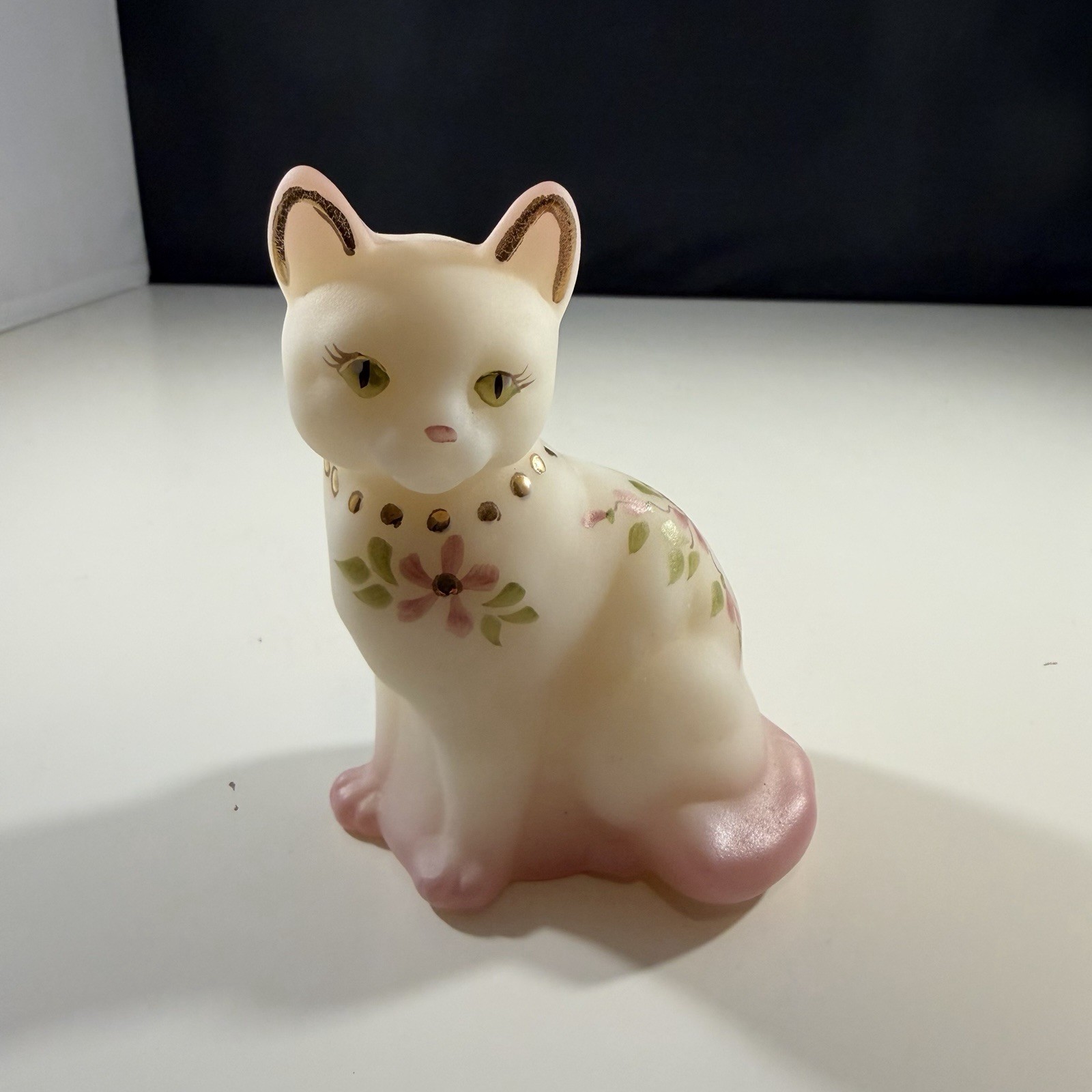 Vintage Fenton Glass White/Pink Satin Glass Sitting Cat Figure- Signed By Artist Vintage Fenton Glass White/Pink Satin Glass Sitting Cat Figure- Signed By Artist