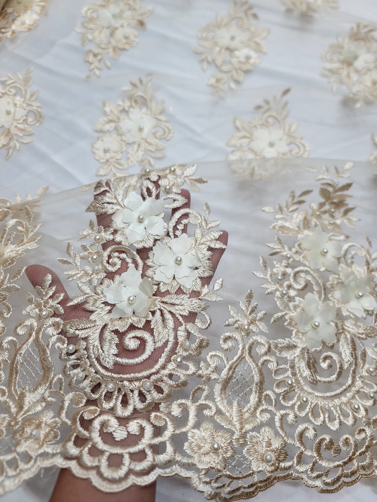 Champagne Lace Fabric By The Yard 3d Floral Flower Embroidered on Mesh For Dress