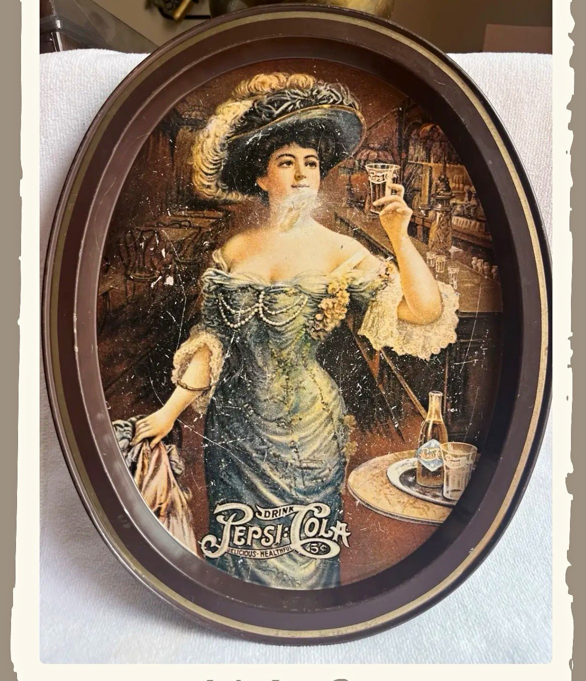 Pepsi Vintage Style Oval Tin Advertising Sign Soda Theme Brown Blue Black