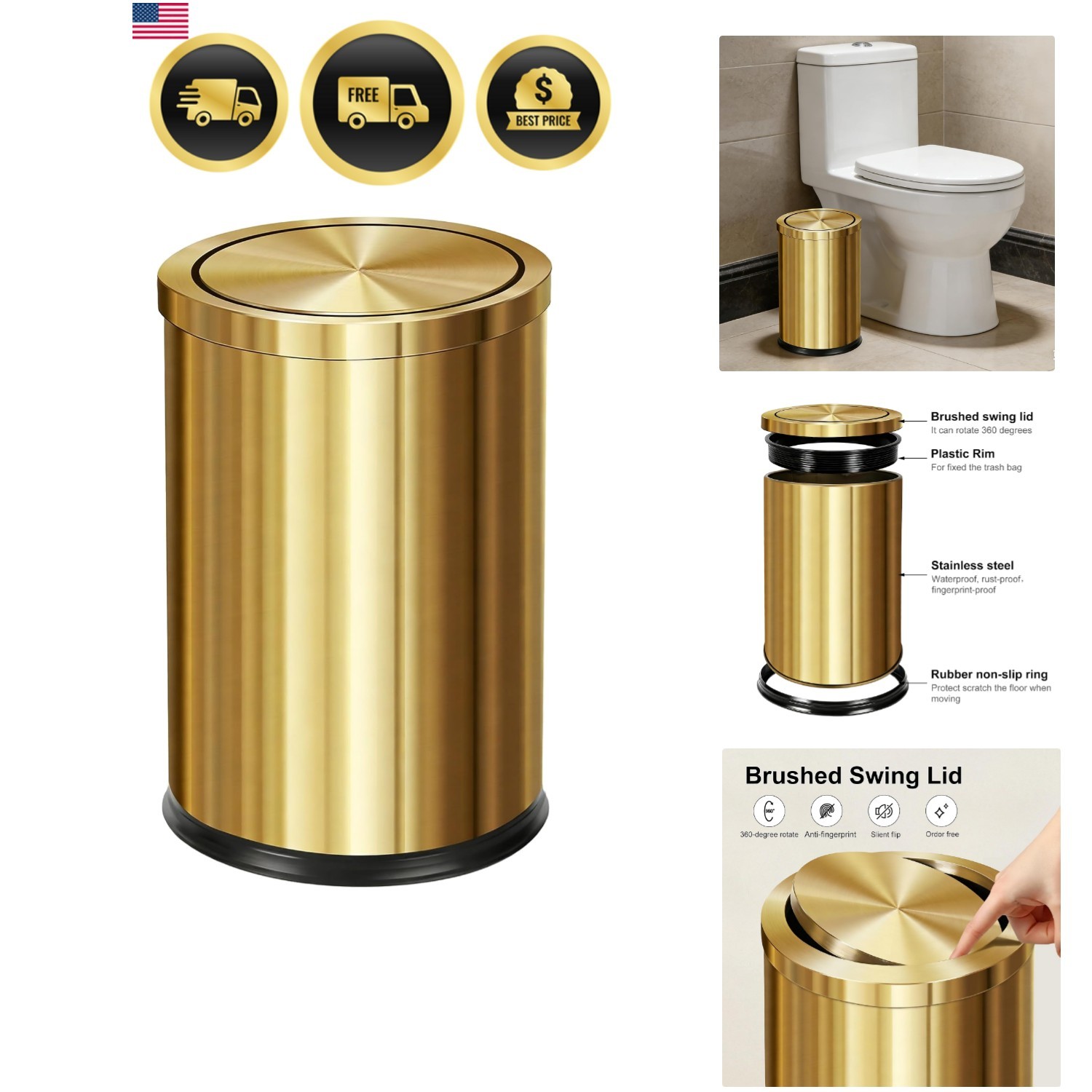 2.4gallon Steel Gold Bathroom Trash can with Swing Lid,Fingerprint-Proof