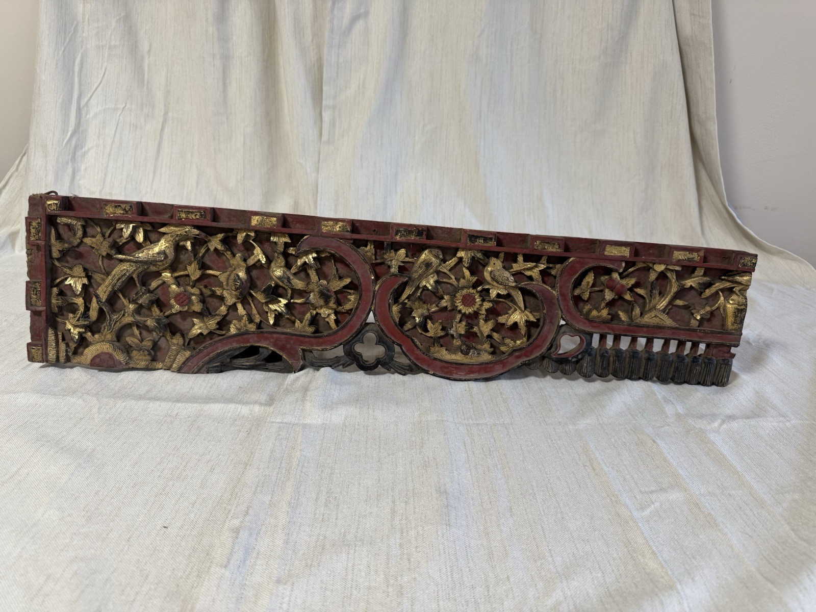 Antique Carved Wood Gilt Architectural Panel Birds Floral Red Gesso 30.5”