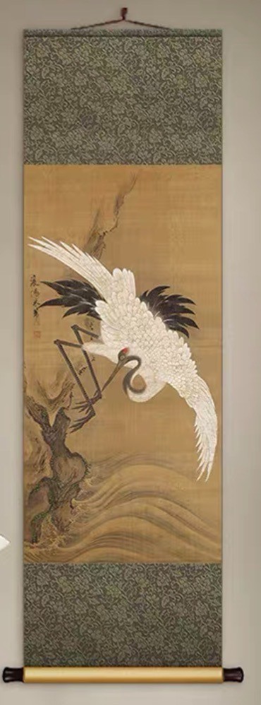 Large Vintage Asian Hanging Scroll Red Crowned Crane Painting Signed Silk Scroll Large Vintage Asian Hanging Scroll Red Crowned Crane Painting Signed Silk Scroll