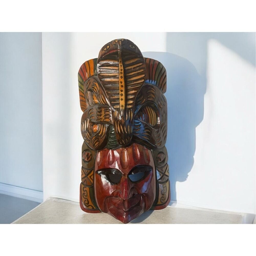 Vintage Hand Carved Wood Wall Hanging Mask Cobra on Top Wooden Sculpture Art 15 Vintage Hand Carved Wood Wall Hanging Mask Cobra on Top Wooden Sculpture Art 15