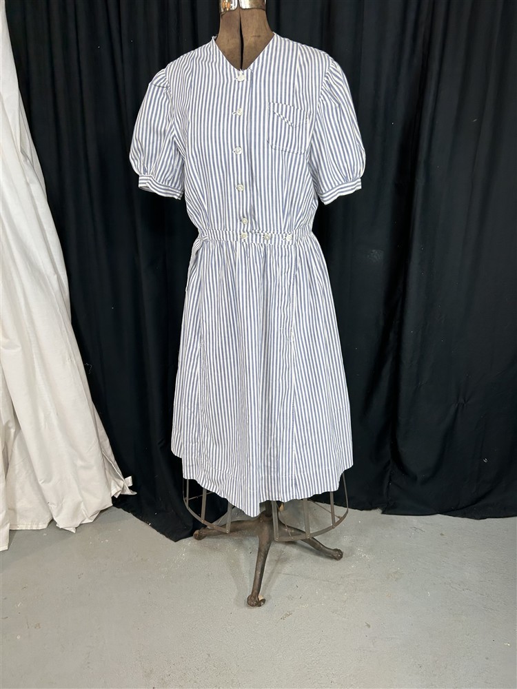 antique dress Edwardian 1900 striped blue white uniform bust 36 original 