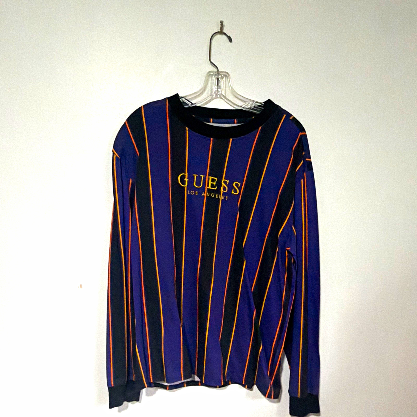 GUESS Men’s L Purple/Black Striped Long Sleeve Crew Neck Logo T-Shirt