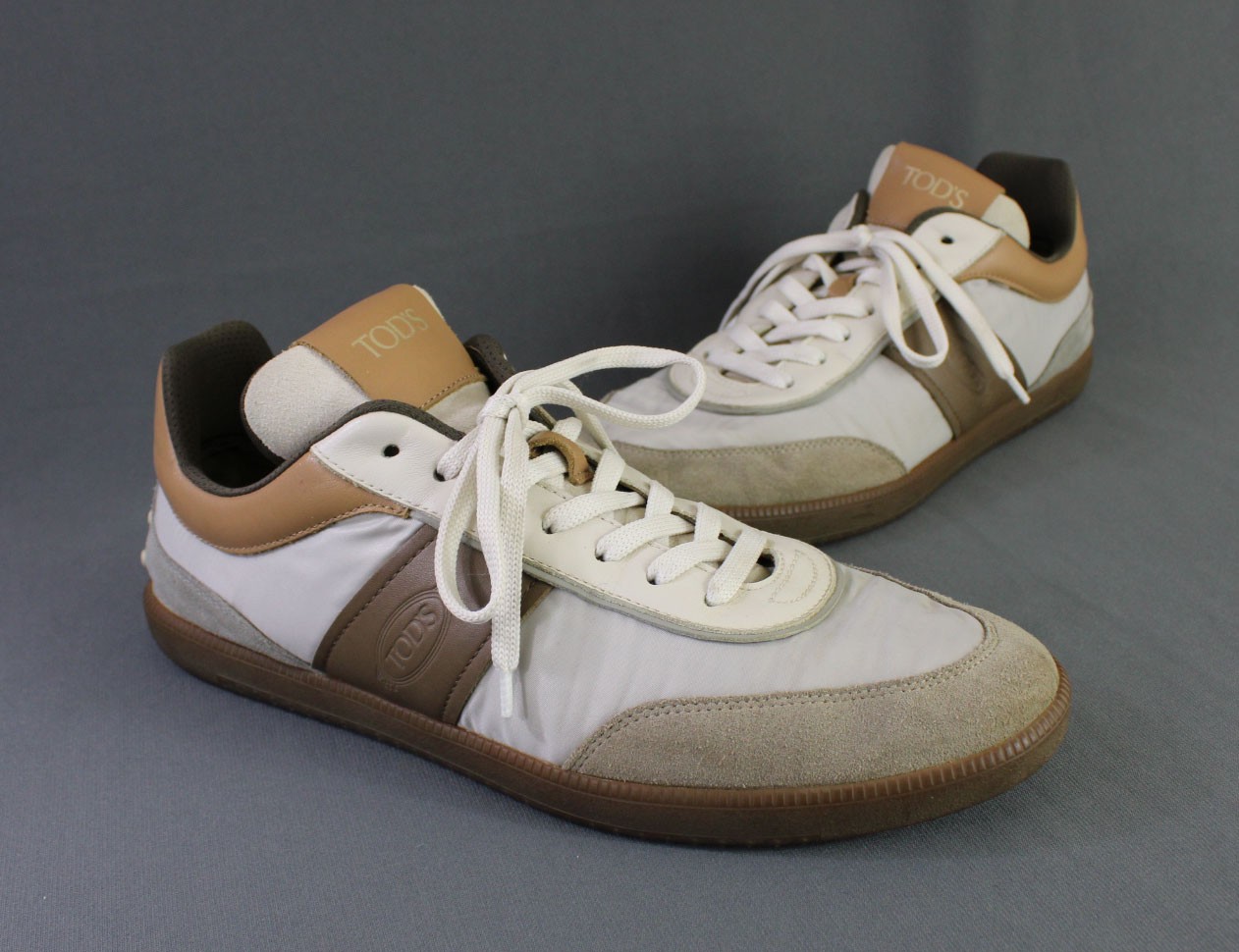 Tod\'s Men\'s Tan Gray White Cassetta Mixed Media Sneaker Shoe Size 9 US 10.5