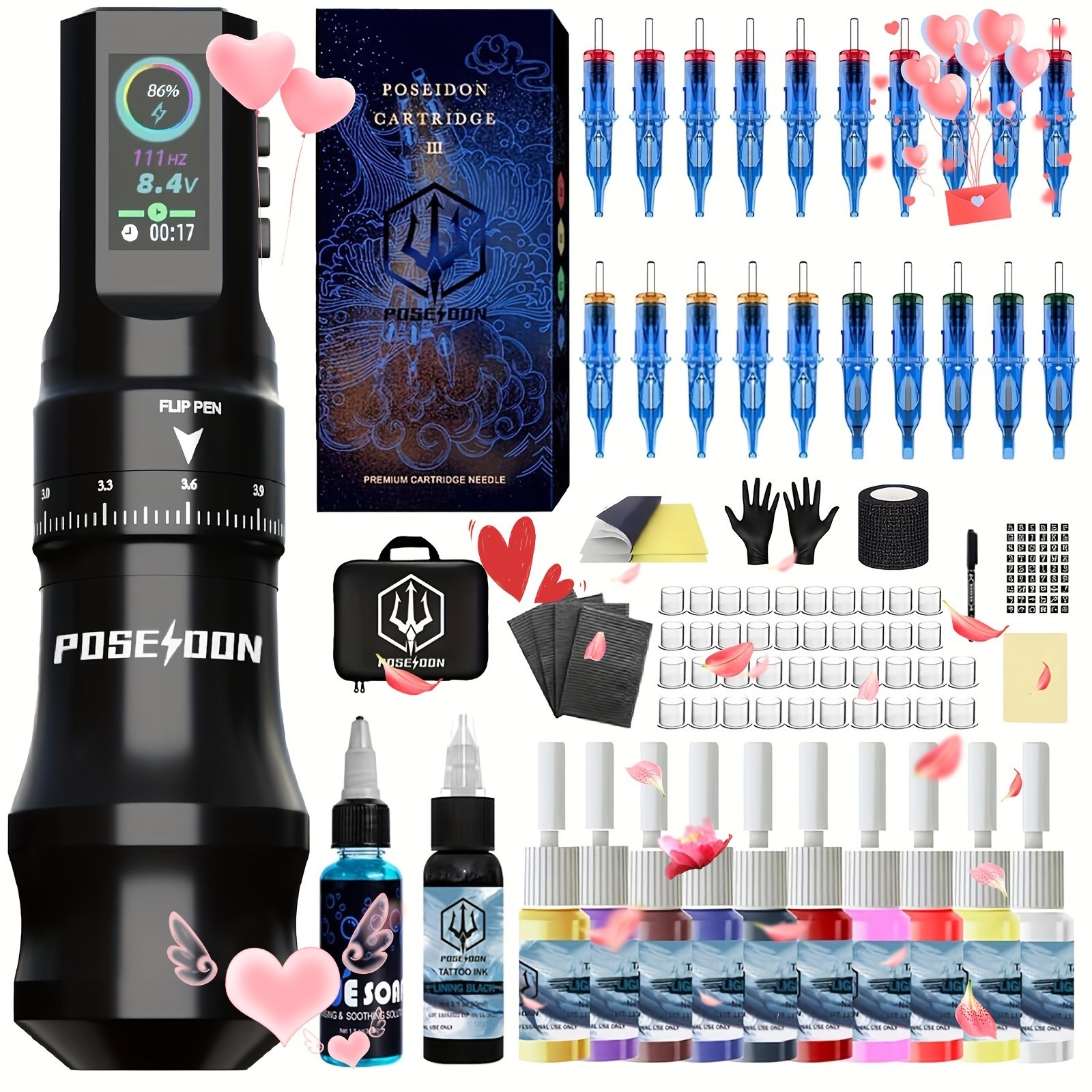 POSEIDON Wireless Tattoo Pen Machine Kit Rotary Coreless Motor Cartridge