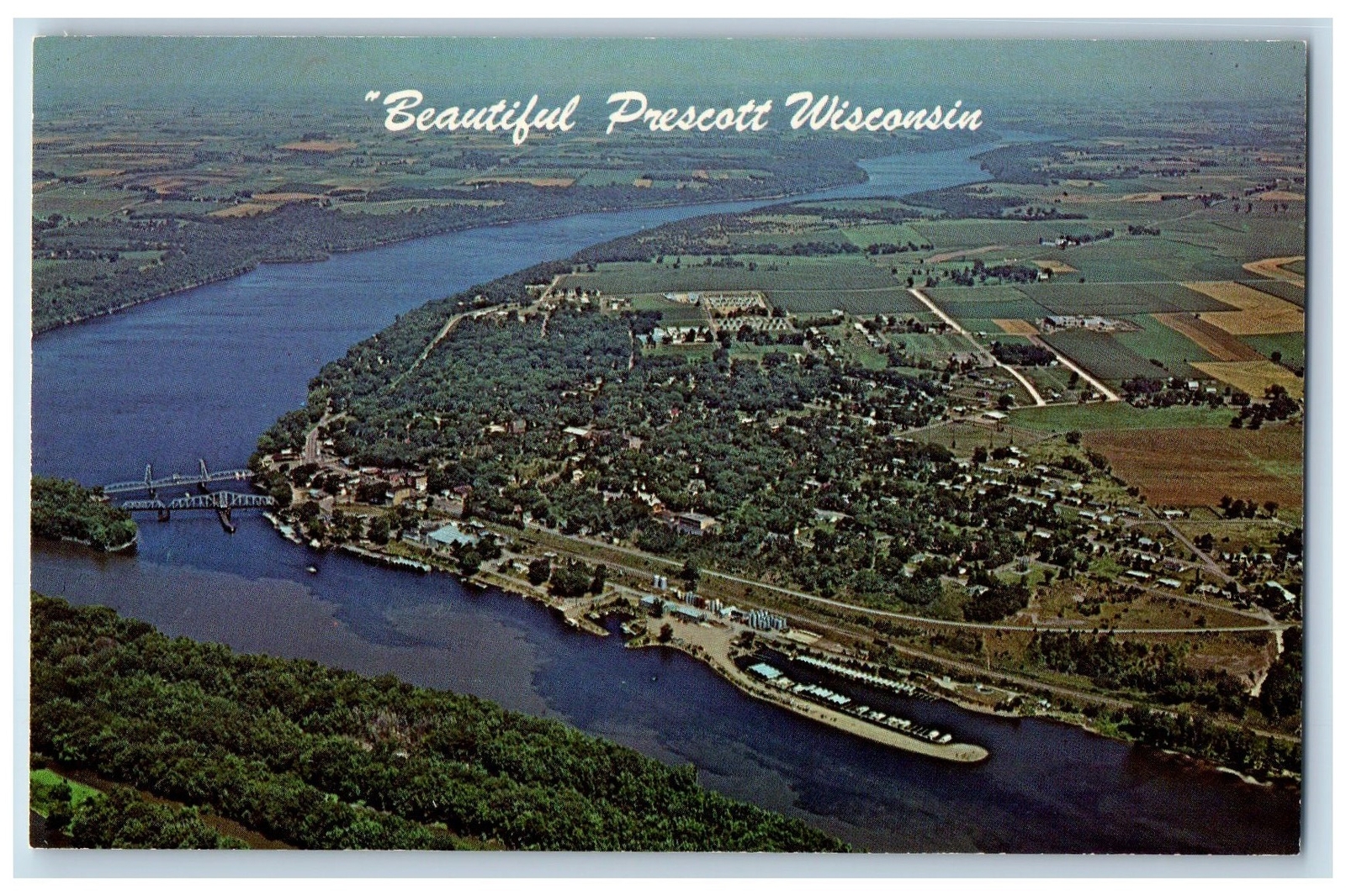 Prescott Wisconsin WI Aerial View Of Beautiful St. Croix River c1960\'s Vintage