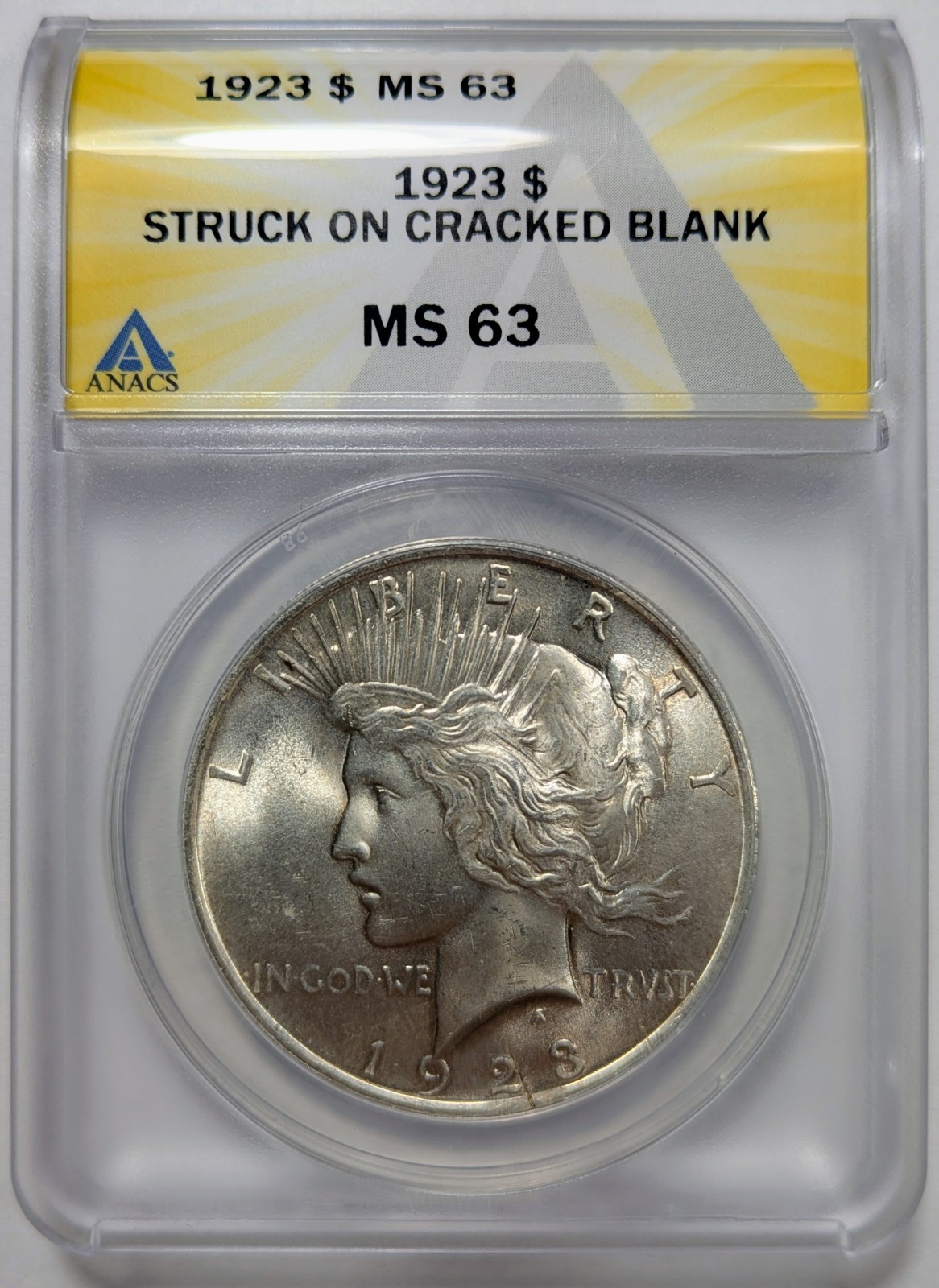 1923 Peace Silver Dollar ANACS MS-63 Struck on Cracked Blank Planchet Mint Error