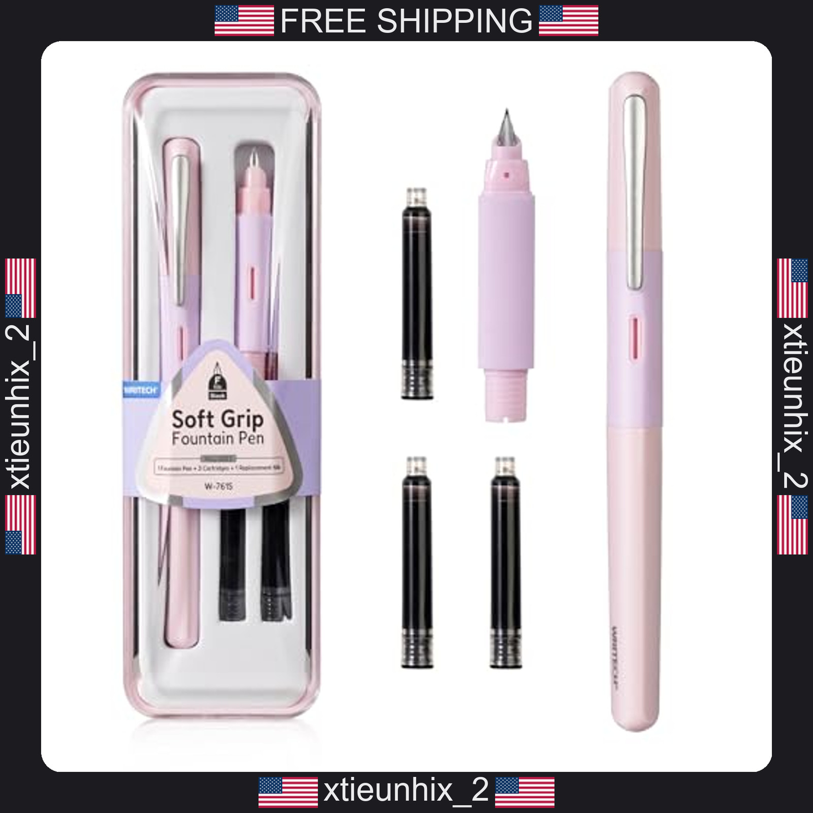 Writech Fine Nib Fountain Pen Set with Soft Grip, Refillable Ink, Black