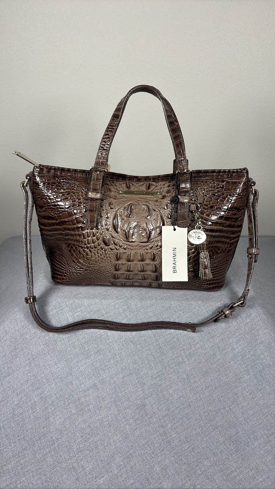 Brahmin Mini Asher Nutmeg Croc Embossed Leather Satchel Bag