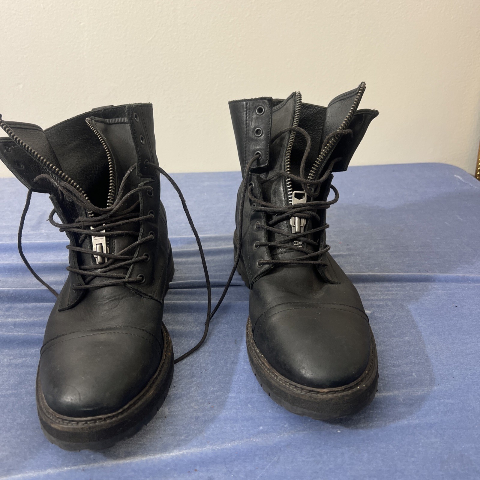 AllSaints Men’s Black Leather Lace Up Side Zip Combat Boots EU 44 US 11