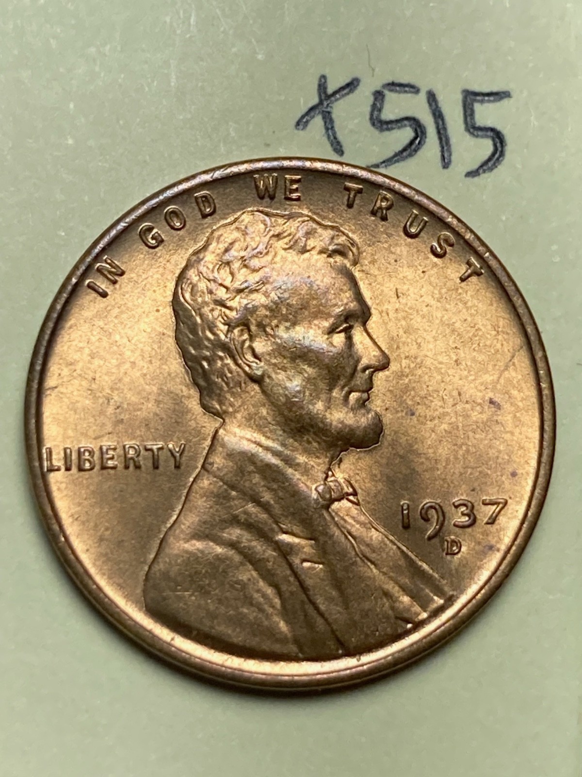 1937-D LINCOLN WHEAT CENT, Uncirculated coin #X515