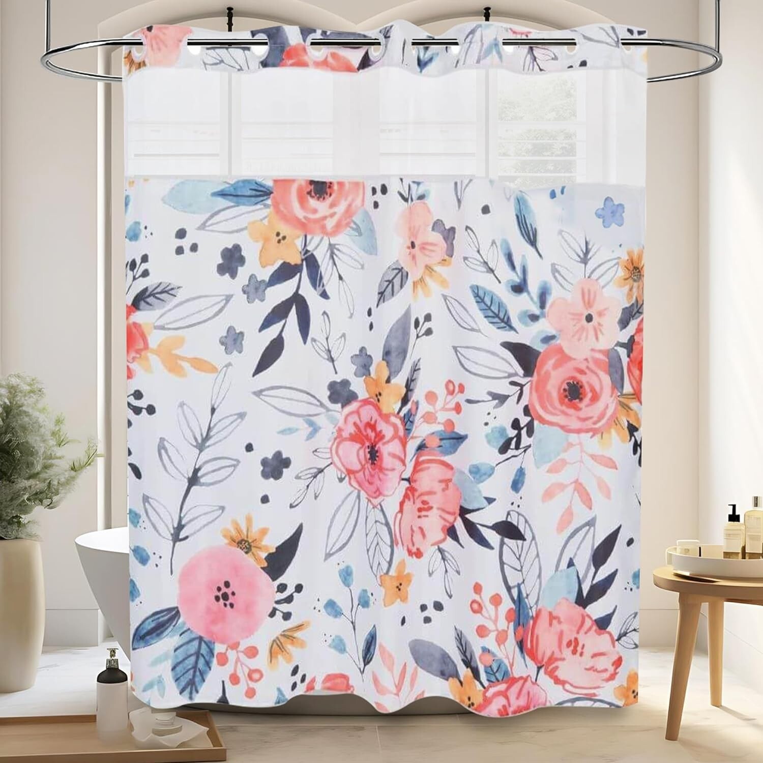 No Hook Floral Shower Curtains with Washable Snap-In Liner 71Wx74L