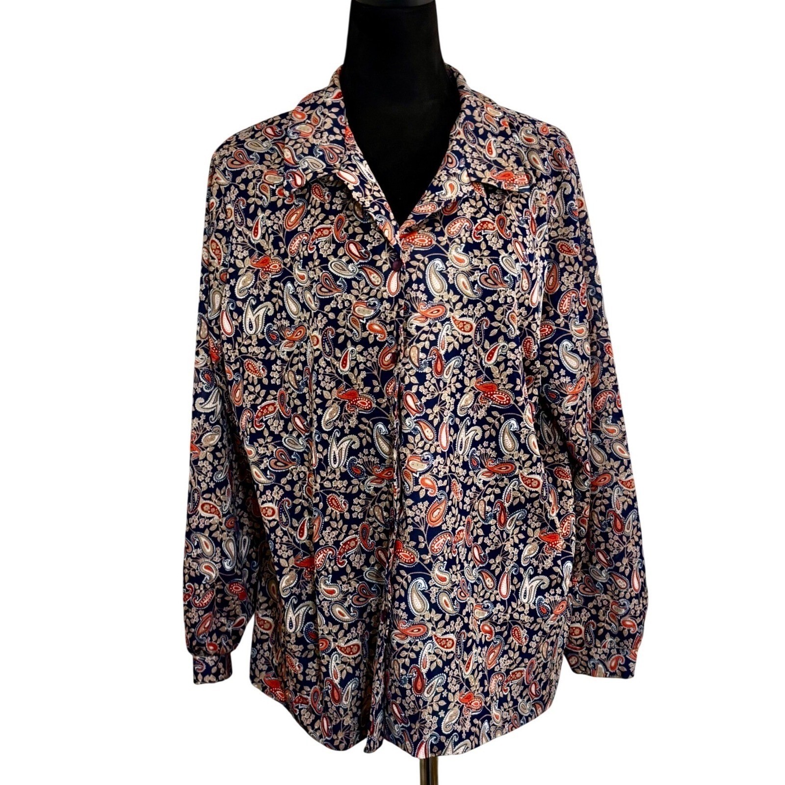 Vintage Lady Graff Paisley Button Up Long Sleeve Shirt Women\'s Blue Red Boho L