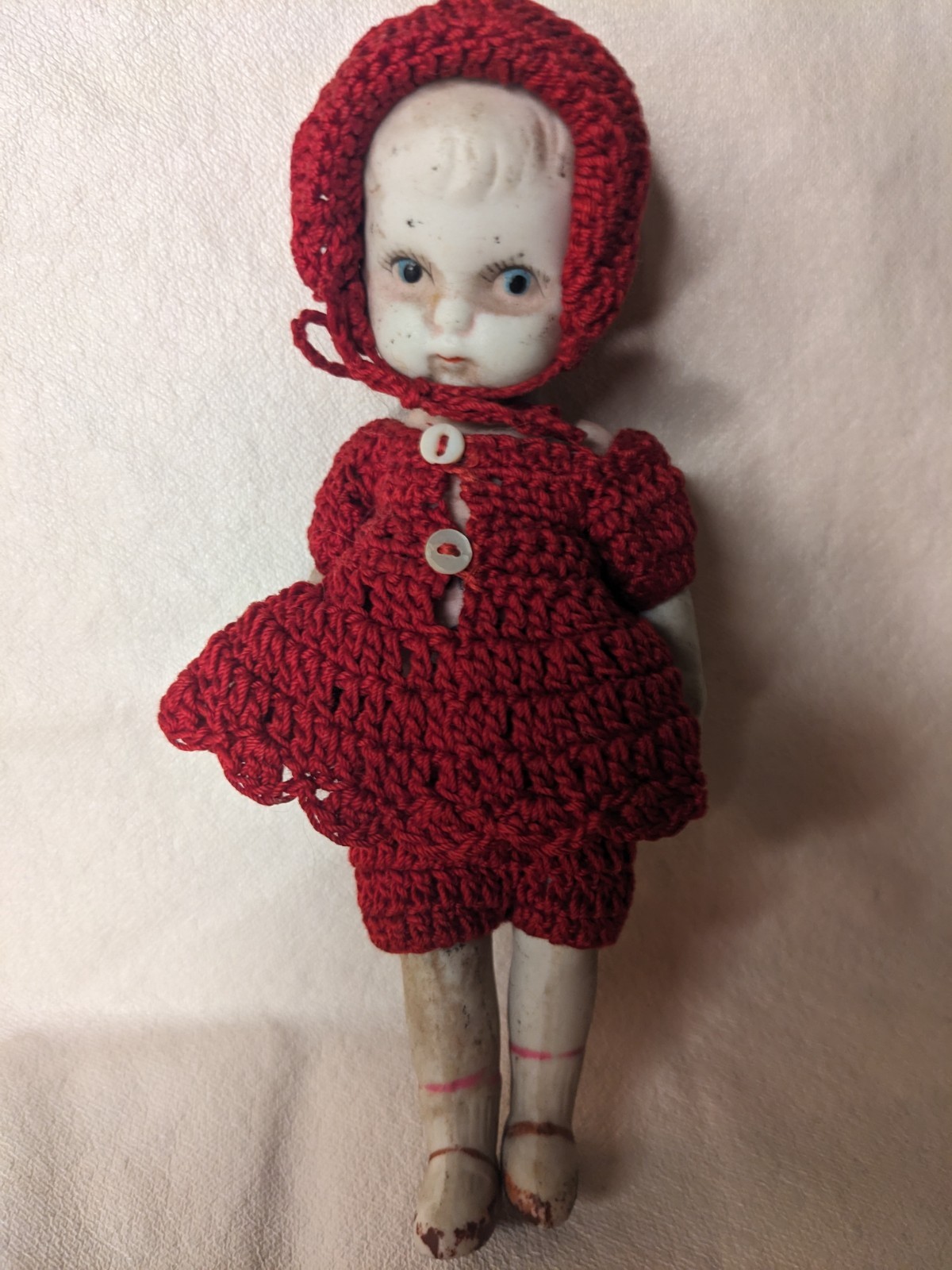 Vintage Haunted Bisque Doll Creepy girl, red Riding Hood 