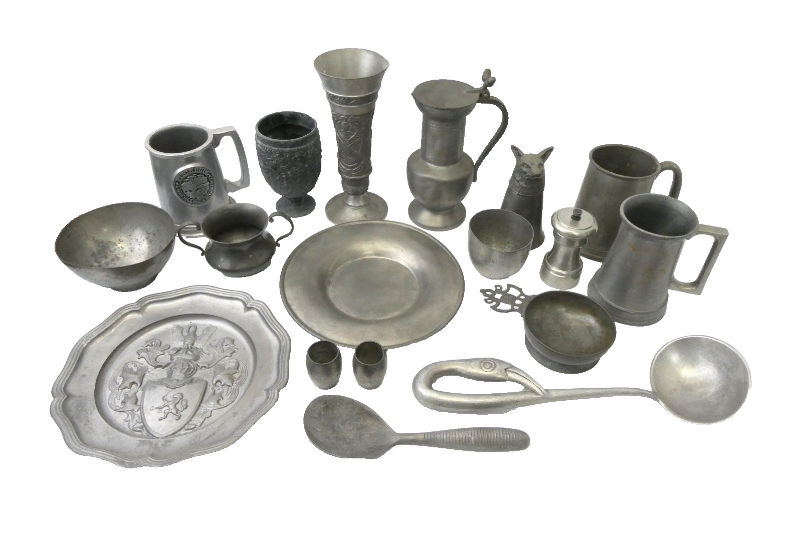 Vintage Pewter & Pewter Tone Metal Lot Mugs Plates Vases Ladle 20+ Pieces
