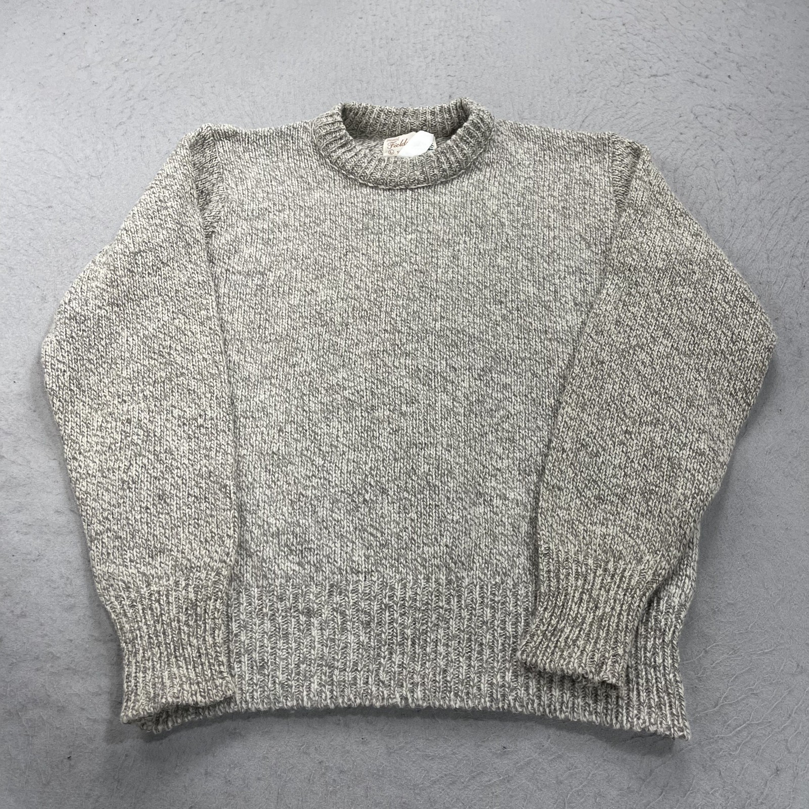 VINTAGE Grandpa Sweater Mens Large Oatmeal Sears Fieldmaster Ragg Crewneck 80s