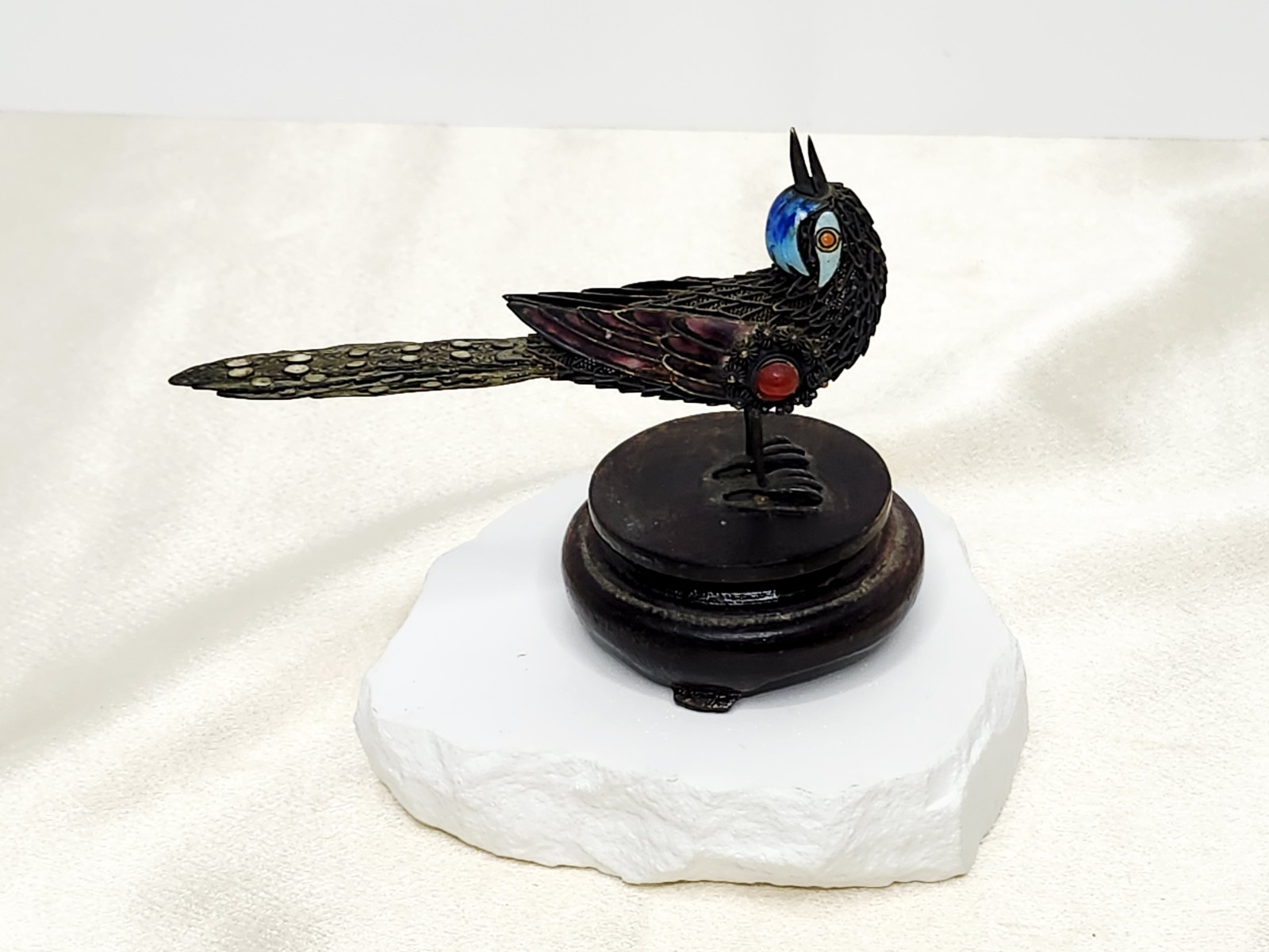 Vtg Chinese Sterling Silver Filigree Enamel Bird Statue Figure Wood Base 3.5\