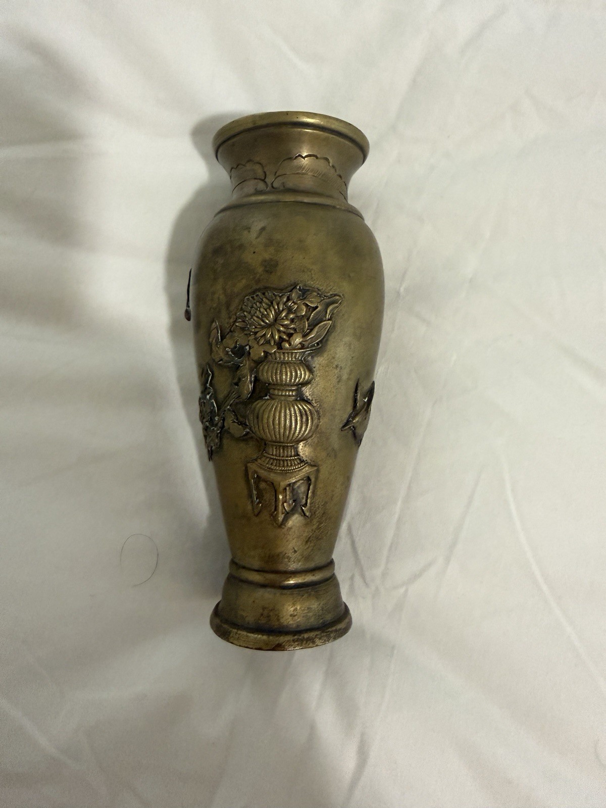 Japanese Meiji Mixed Metal Engraved Vase with Prunus Flowers and Bird