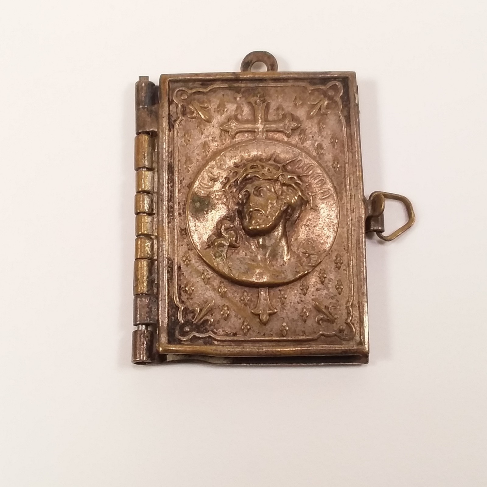 Antique French Mini Book Locket Pendant Jesus Ecce Homo IHS Stations Incomplete