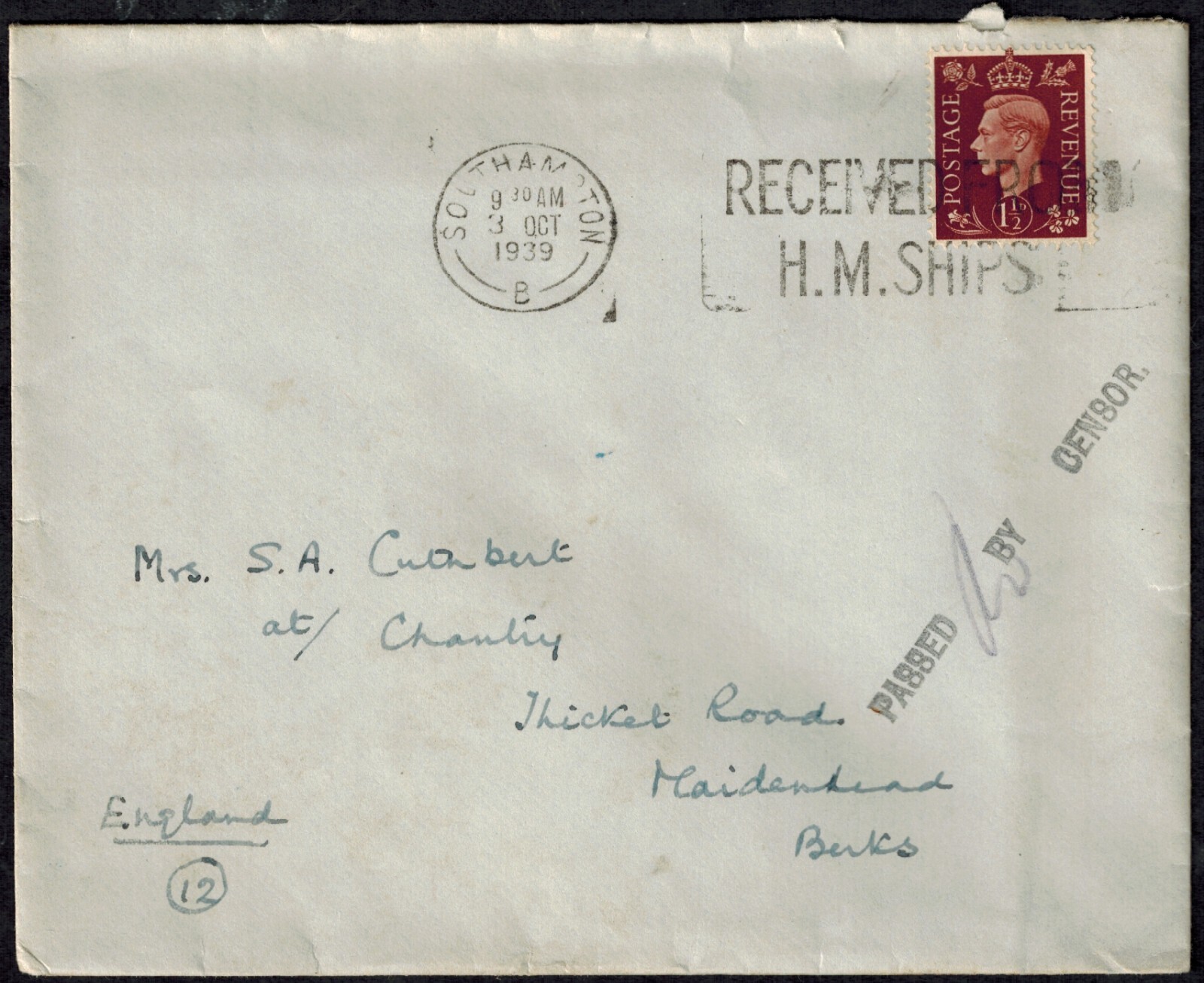 Malta 1939 HMS WARSPITE Cover w/PASSED BY CENSOR H/S Black Initialed RARE