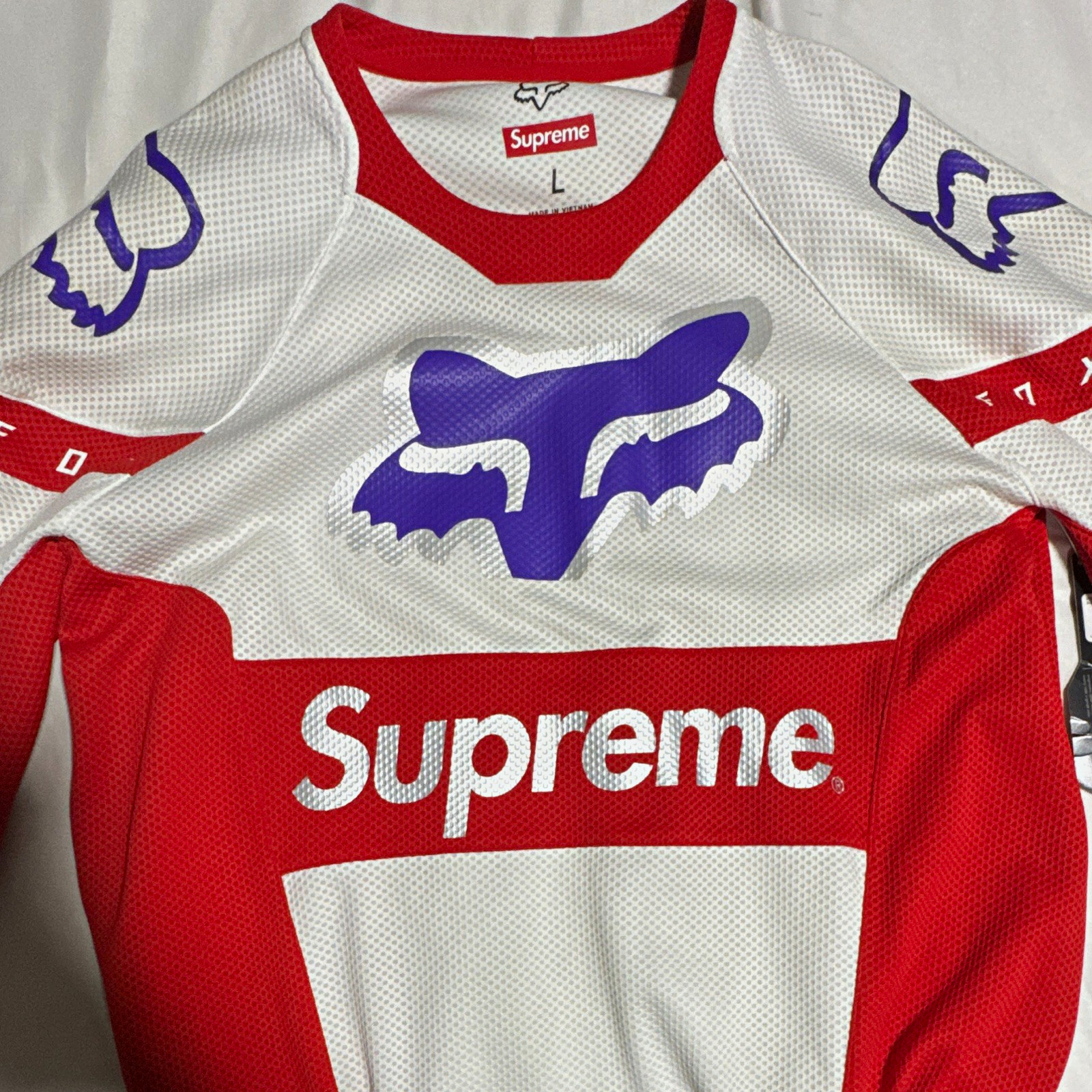 Supreme x Fox Racing Mesh Cycling Jersey Long Sleeve L White Red Purple