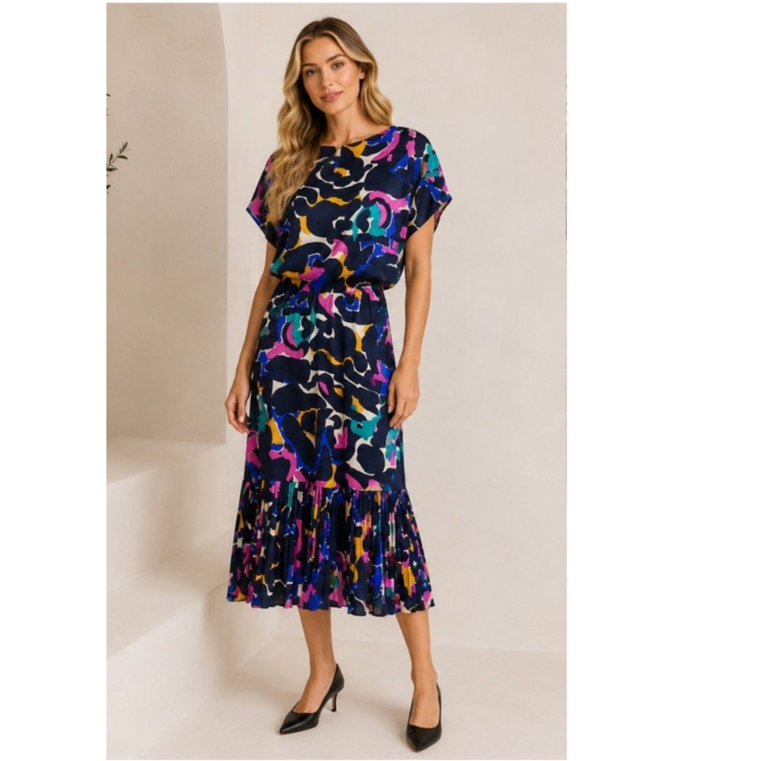 Vtg Flora Kung 100% Silk Abstract Print Midi Dress Size 12 Colorful