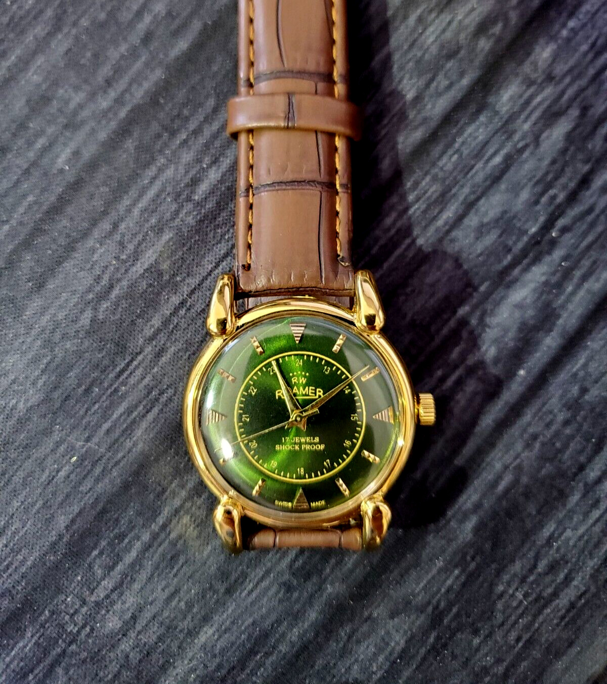 Rare Swiss Roamer Brevete Mens Manual Watch Gld Grn Brw⌚