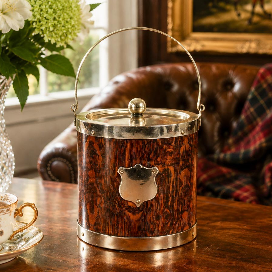  Wonderful Antique English Wood Biscuit Barrel Jar with Lid Silverplate Fittings