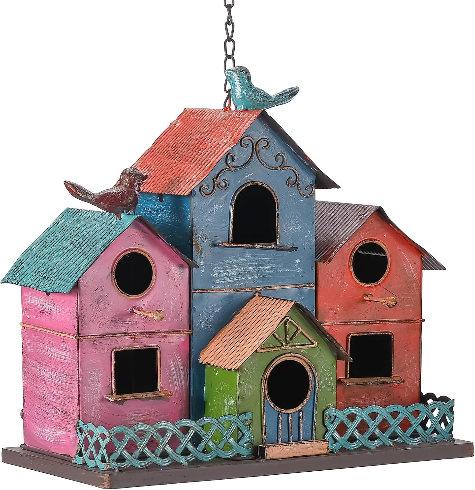 Metal Bird House for Outside Hanging, Colorful Birdhouse with 4-Compartment