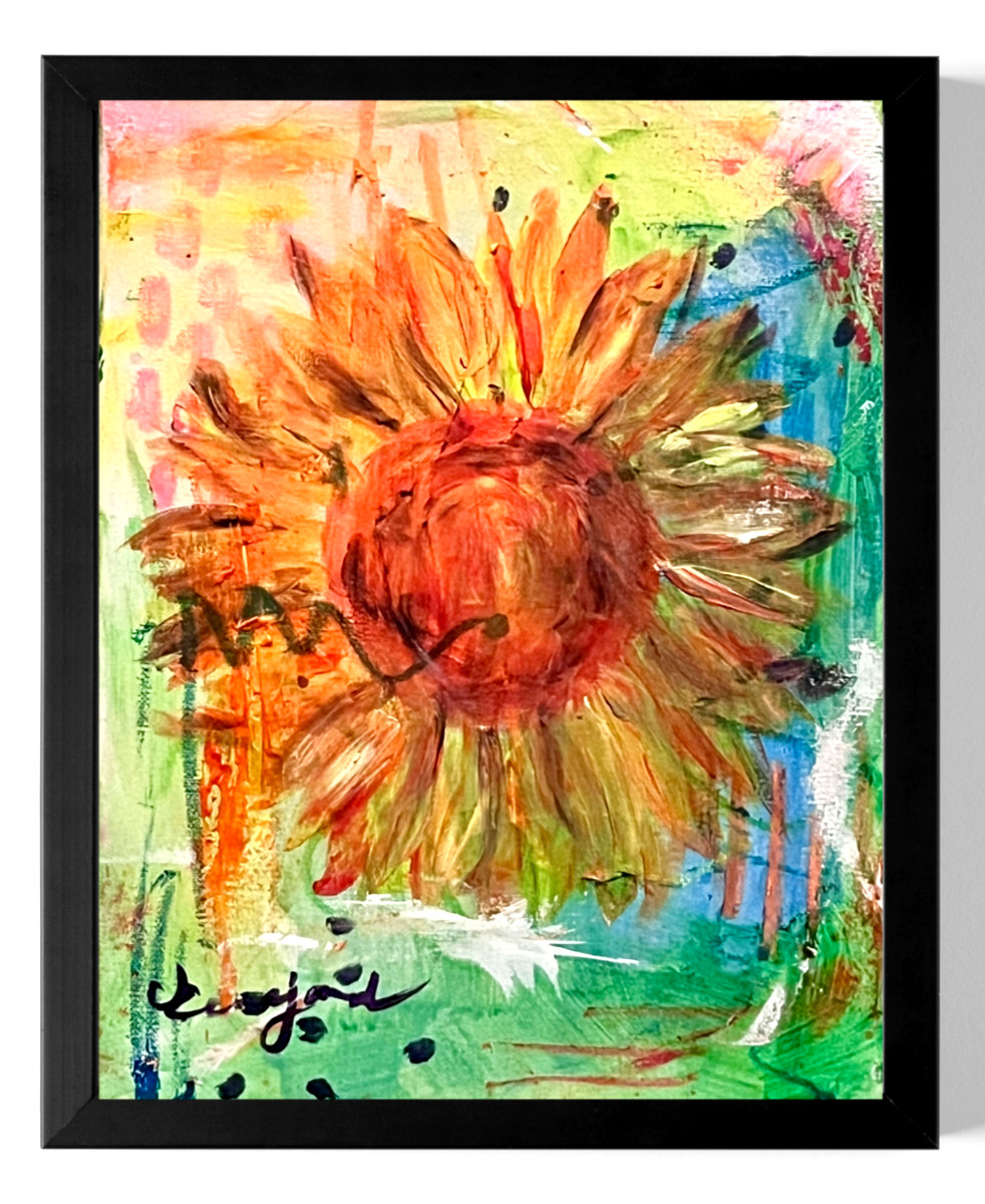 Guajardo Art Original 14x11 Expressionist Neon Sunflower Canvas Home Decor