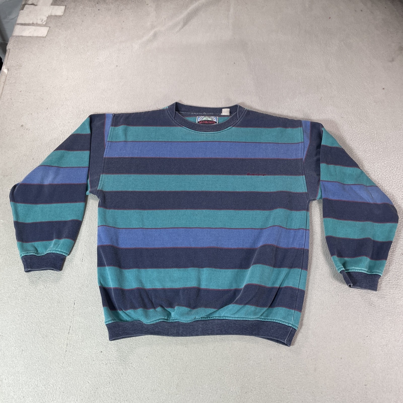 Vintage Saturdays Sweatshirt Mens Large Blue Fleece Pullover Striped Logo 90s