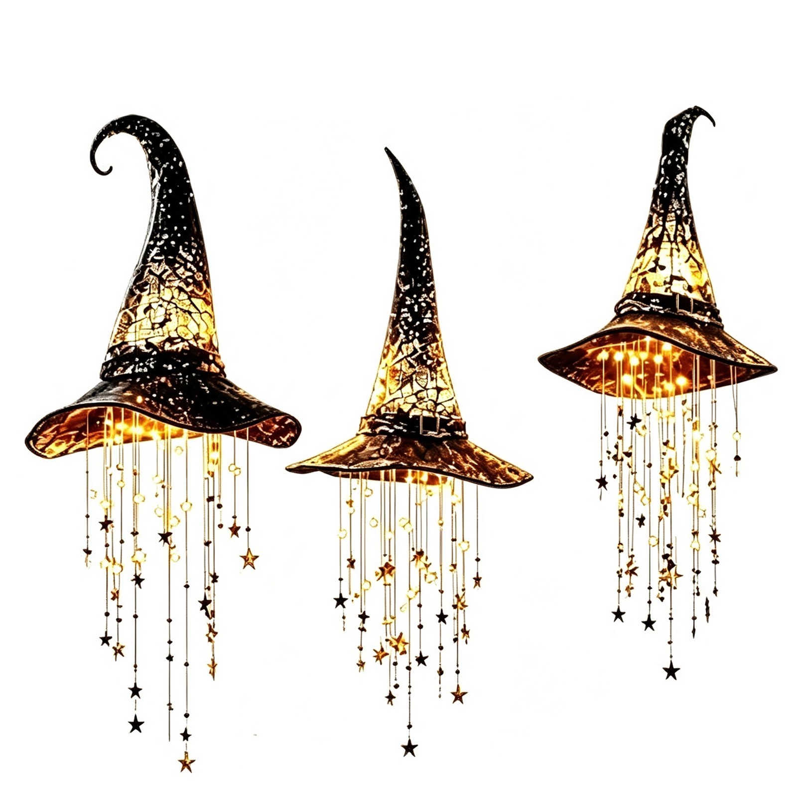 Lighted Witch Hat Hanging Chime, Glowing Star Tassel Witch Hat Decorations (3PC)