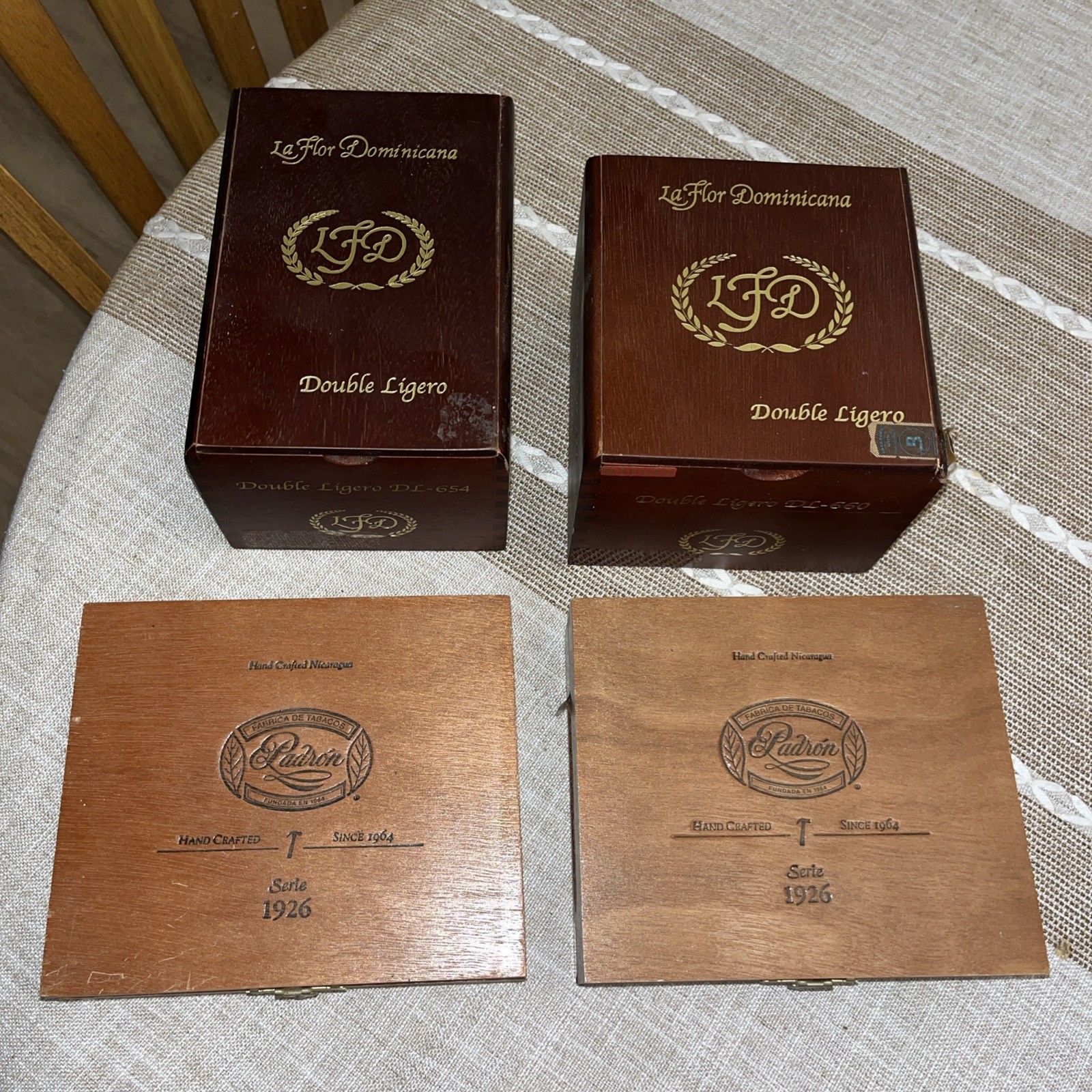 Lot of 4 Vintage Empty Wooden Cigar Boxes La Flor Dominicana, Padron Lot of 4 Vintage Empty Wooden Cigar Boxes La Flor Dominicana, Padron