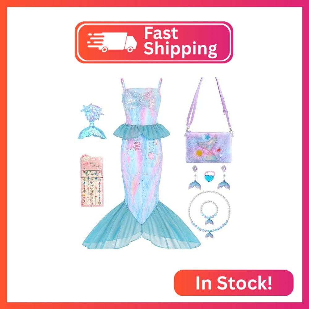 Wudiatae Mermaid Costume for Girls 3-12, Mermaid Tail Dress with Jewelry & Purse Wudiatae Mermaid Costume for Girls 3-12, Mermaid Tail Dress with Jewelry & Purse