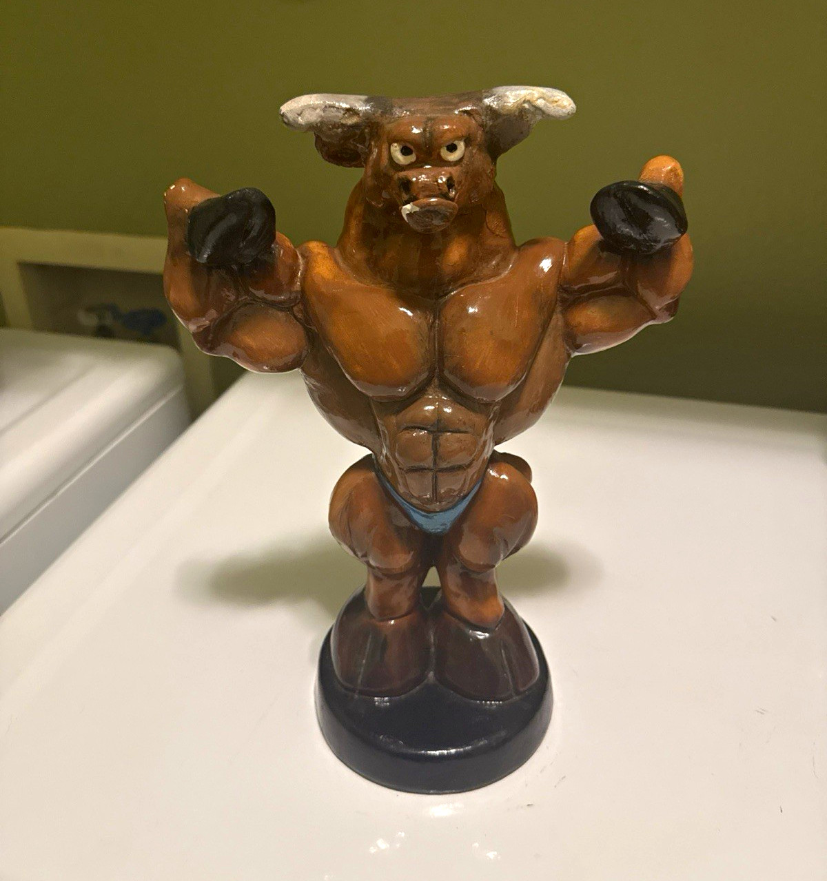 Hand Painted Ceramic Minotaur Bull Vintage Muscle Bodybuilder Strongman Figurine