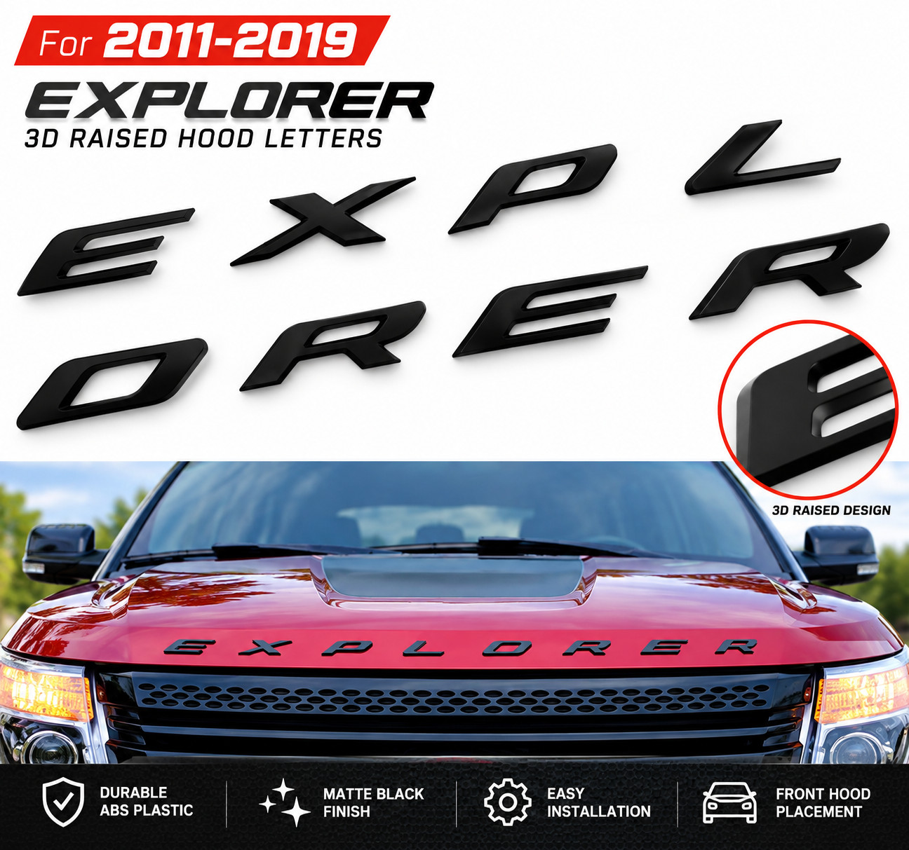 For 2011-2019 Explorer 3D Raised Hood Letters Nameplate Matte Black Emblem Badge