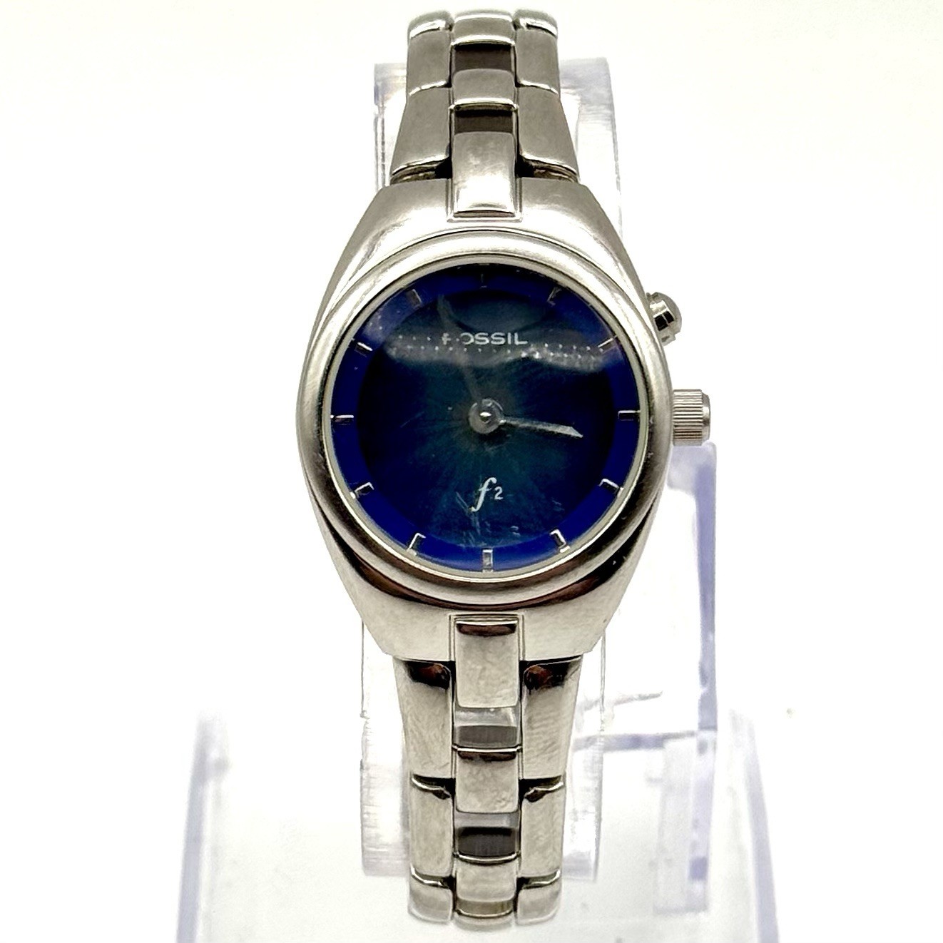 Fossil F2 Kaleido ES-9570 Stainless Watch Women Silver Tone Blue Dial VTG Retro