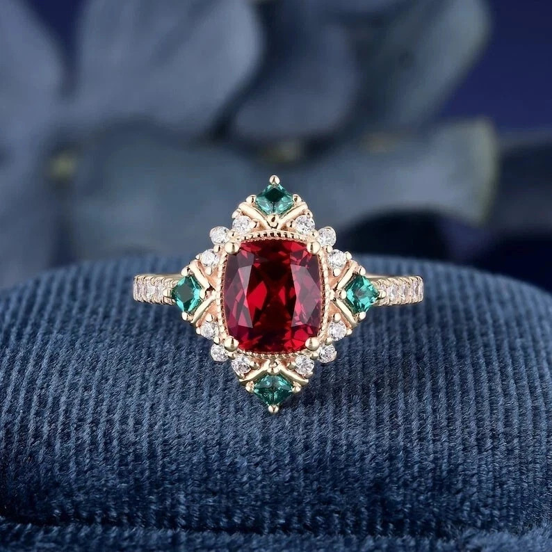 3.10 Ct Cushion Cut Natural Red Ruby & Diamond Wedding Ring 14K Yellow Gold