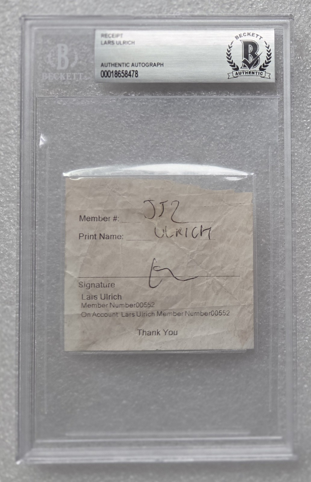 LARS ULRICH SIGNED RECEIPT BECKETT BAS COA AUTOGRAPHED SLABBED METALLICA BAND