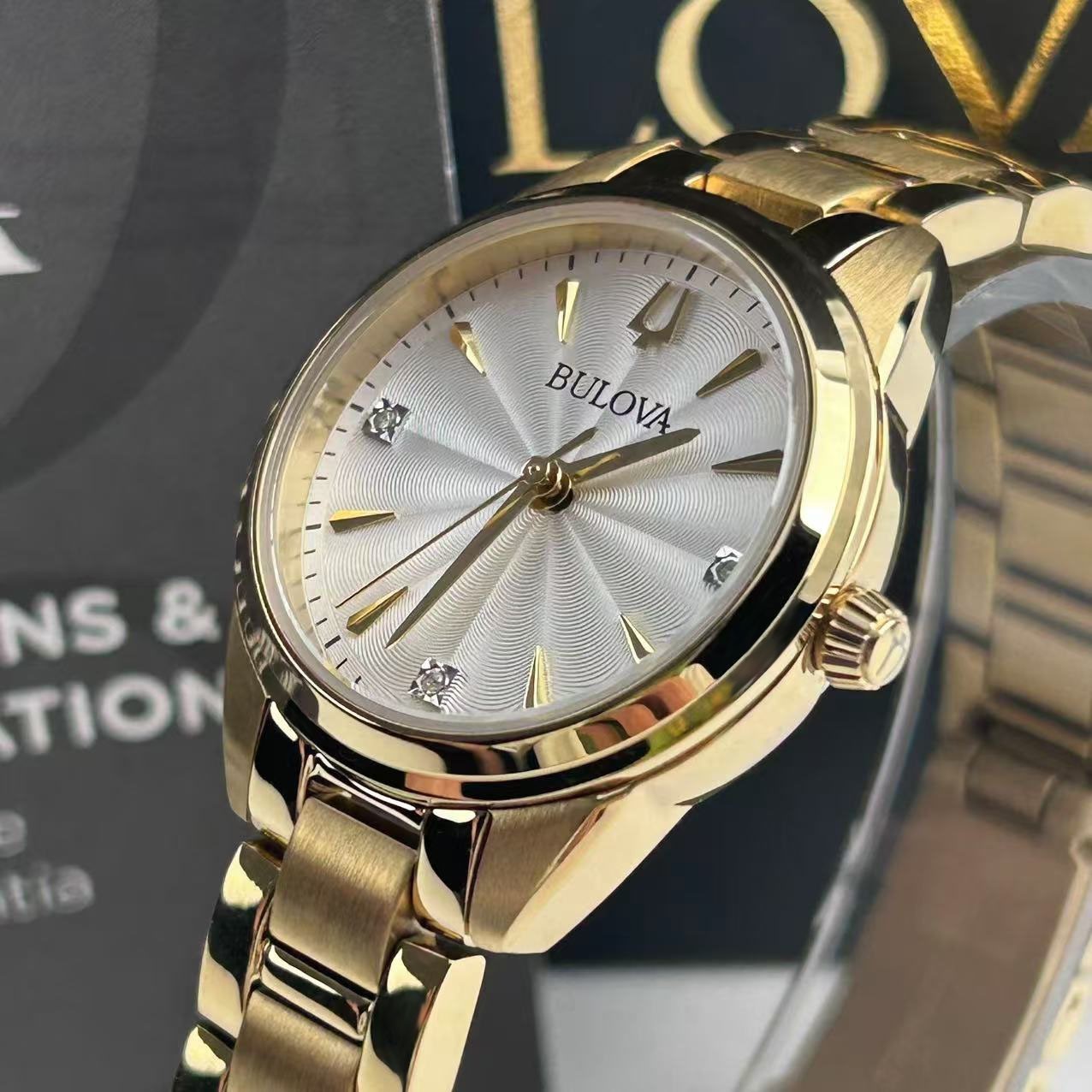 New w/box Bulova Sutton Women's Quartz Watch White Diamond Dial 97P150 28 mm