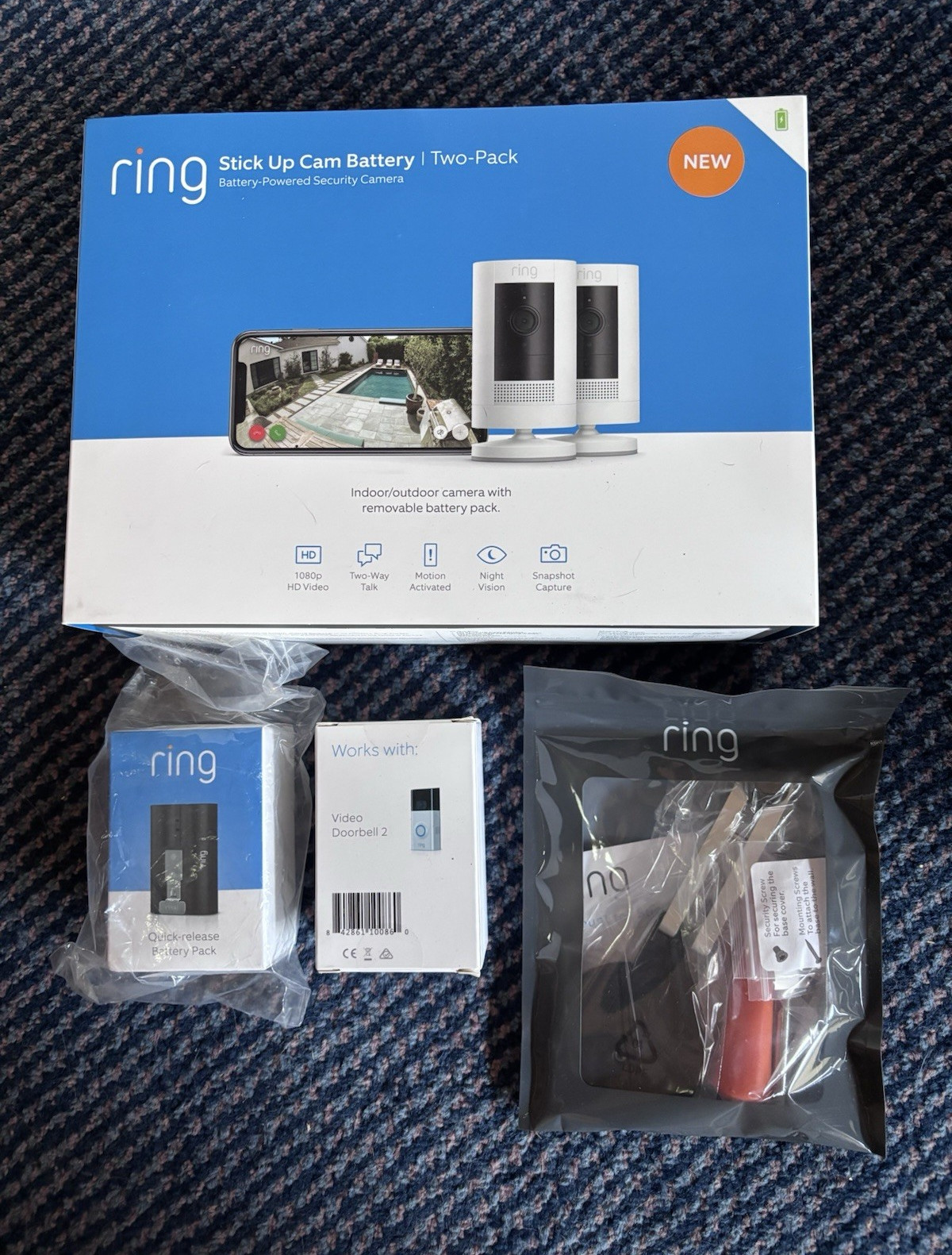 Brand new never used ring security cameras (2) with battery packs Brand new never used ring security cameras (2) with battery packs