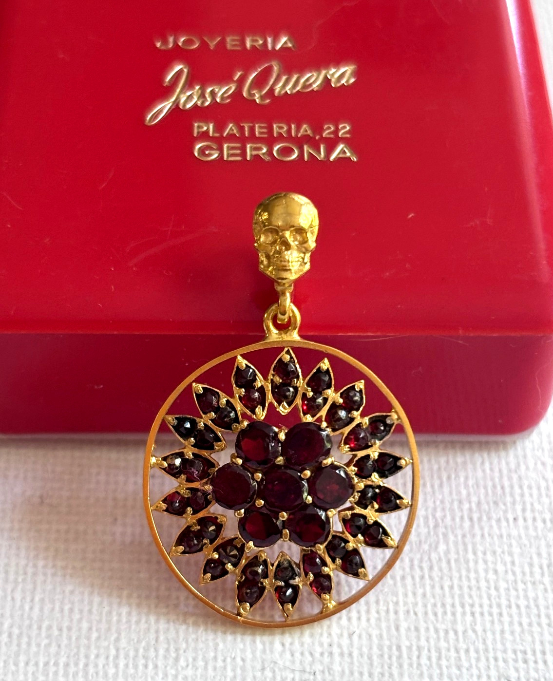 Antique Victorian Memento Mori Skull Bohemian Garnets Solid Silver Gild Pendant