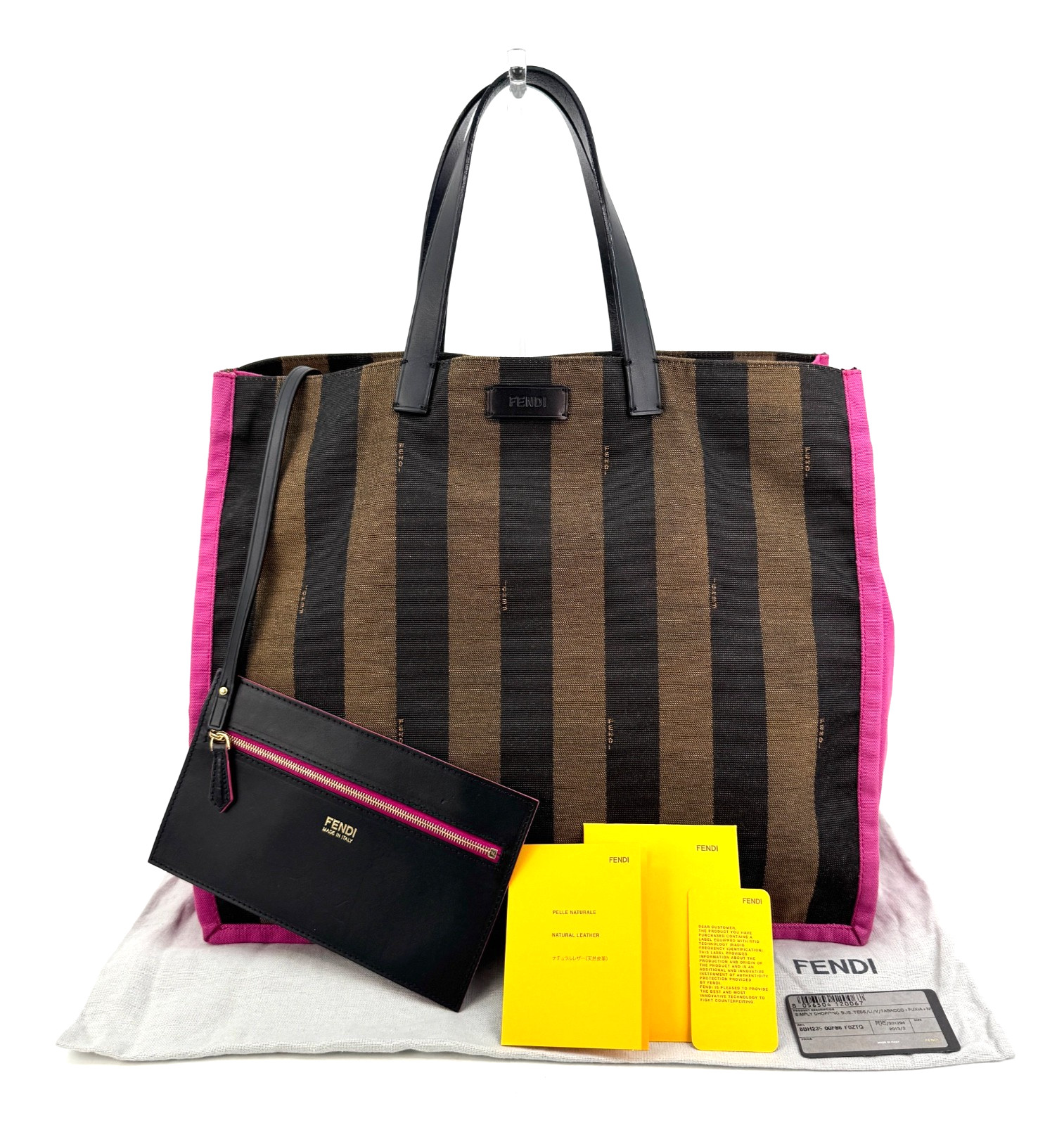 FENDI Tote Bag Pequin Striped Canvas Brown Pink Authentic