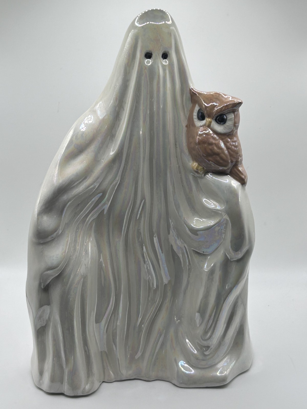 Vintage McNees Ghost with Owl Ceramic Iridescent Mother of Pearl Glaze Halloween Vintage McNees Ghost with Owl Ceramic Iridescent Mother of Pearl Glaze Halloween