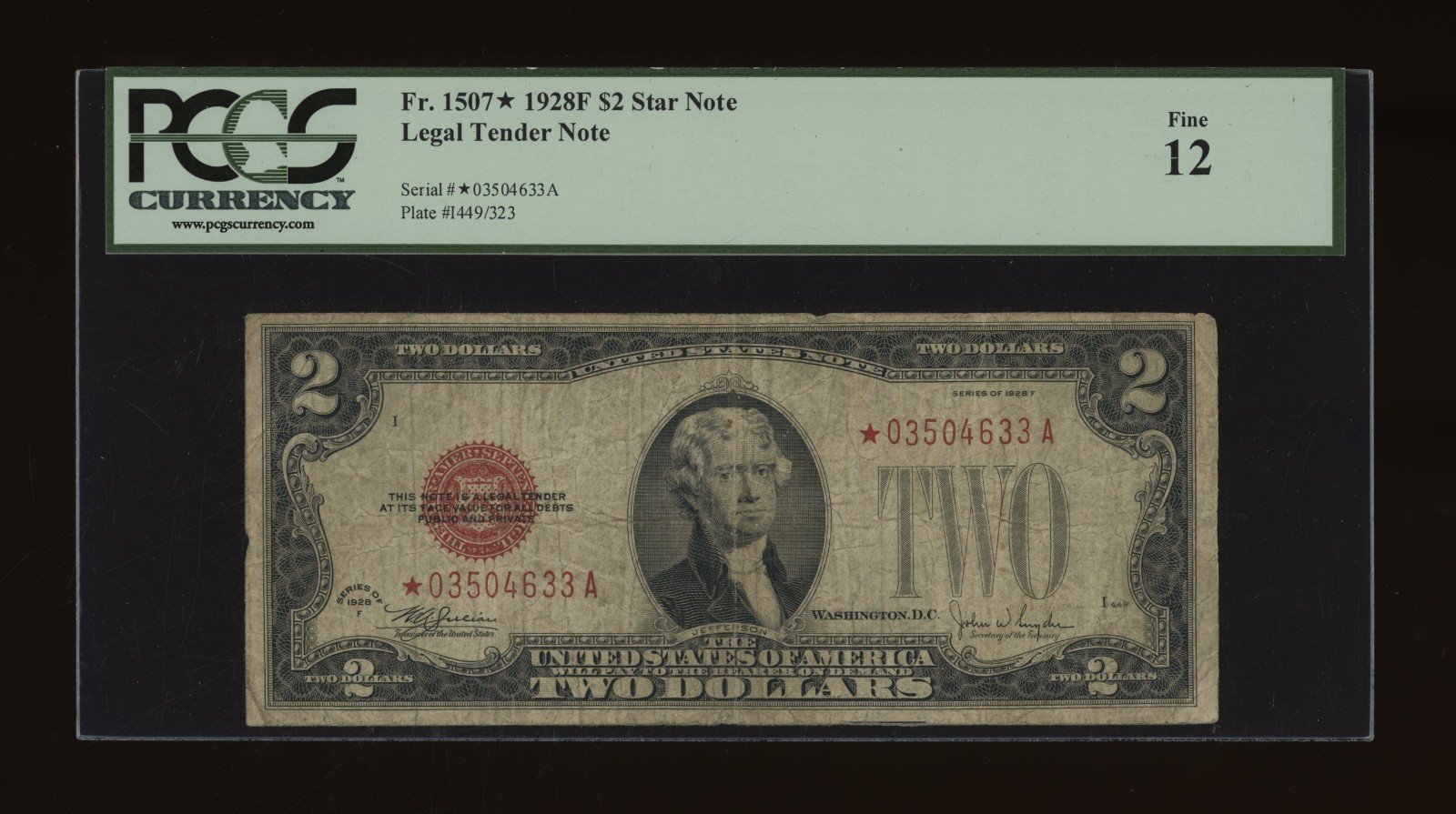 DBR 1928-F $2 Legal STAR Fr. 1507* PCGS 12 Serial *03504633A DBR 1928-F $2 Legal STAR Fr. 1507* PCGS 12 Serial *03504633A