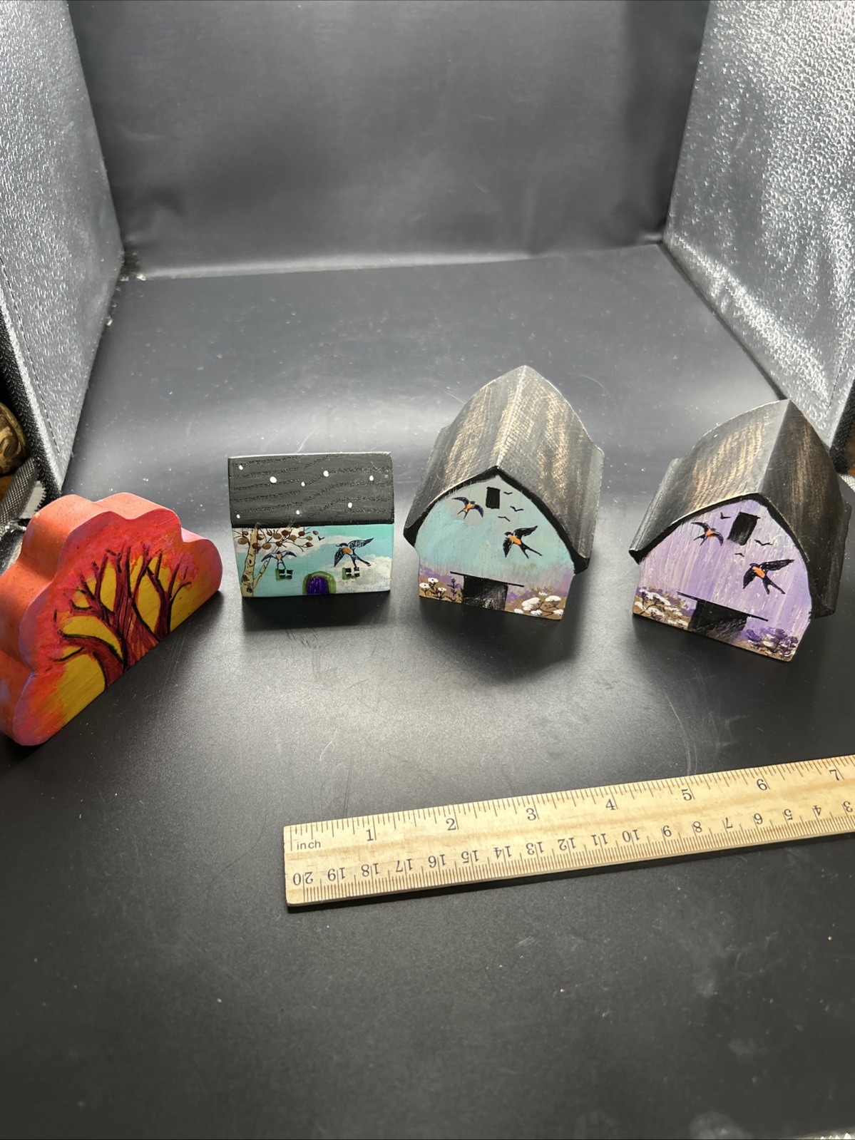 Set of 4 Hand Made and Hand Painted Small Round Wooden Houses Becky Karen’s Set of 4 Hand Made and Hand Painted Small Round Wooden Houses Becky Karen’s