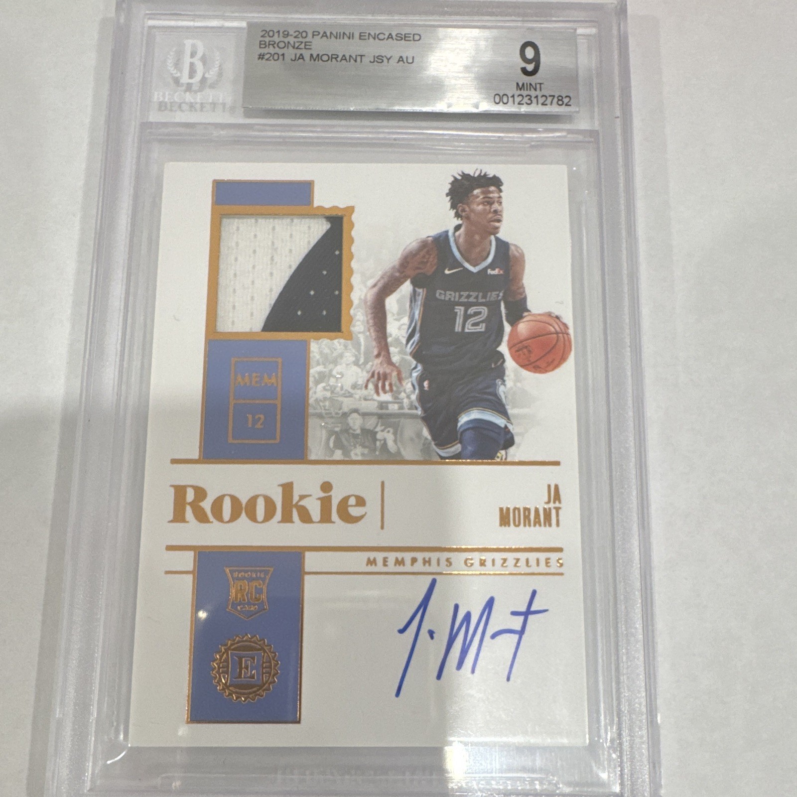 2019-20 Panini Encased Ja Morant Rookie Patch Auto /99 RPA RC BGS 9 Grizzlies 2019-20 Panini Encased Ja Morant Rookie Patch Auto /99 RPA RC BGS 9 Grizzlies
