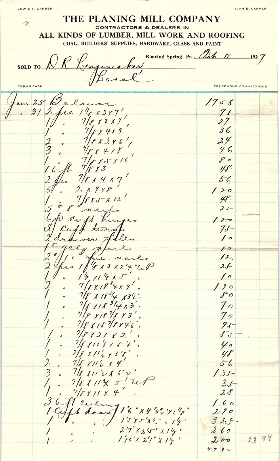 1927 Planing Mill Co. Roaring Spring PA Lumber Billhead